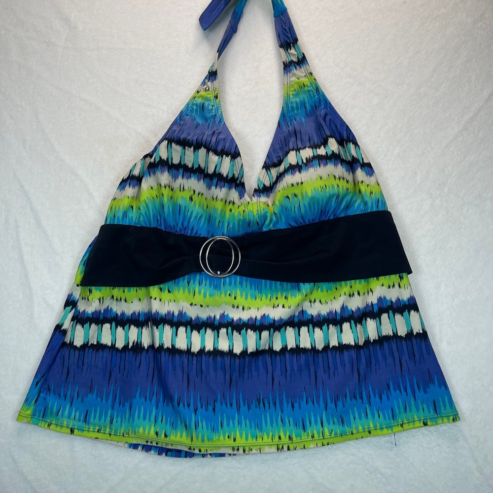 Jaclyn Smith Womens Sz 14‎ Blue Green Ikat Halter Tankini Top ONLY Buckle Retro